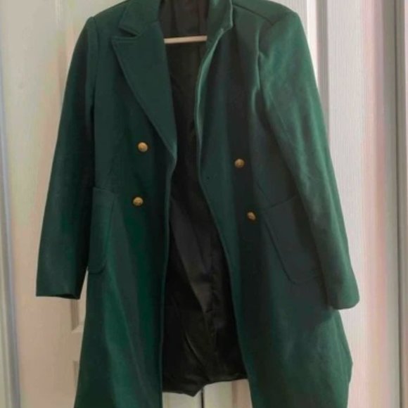 Double Breasted Lapel Collar Button Up pocketed Overcoat GREEN - Picture 8 of 8